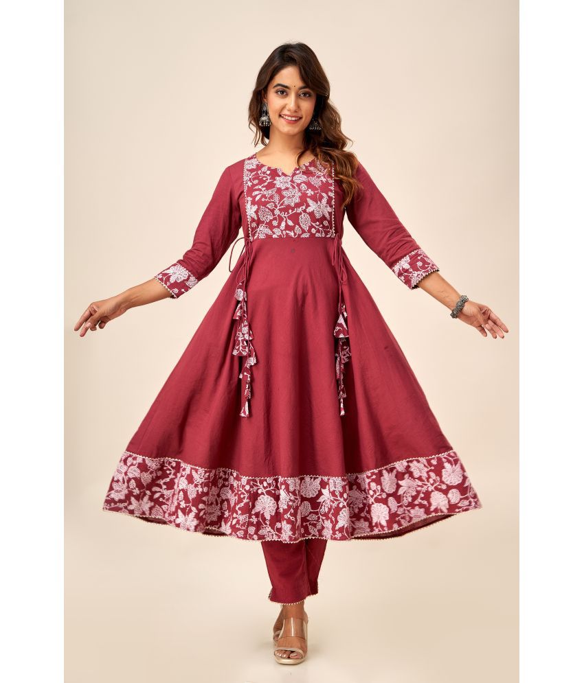     			SVARCHI Cotton Printed Kurti With Pants Women's Stitched Salwar Suit - Maroon ( Pack of 1 )