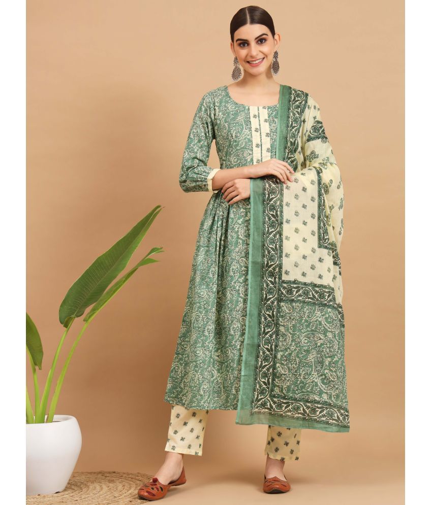     			Vbuyz Cotton Printed Kurti With Pants Women's Stitched Salwar Suit - Green ( Pack of 1 )