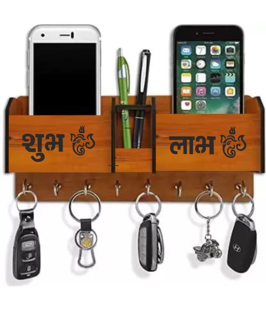     			Big Boss Enterprises Shubh Labh Ganpati Trishul with 2 Pocket Mobile Holder, Pen Stand Wood Key Holder Stand (8 Hooks, Brown)