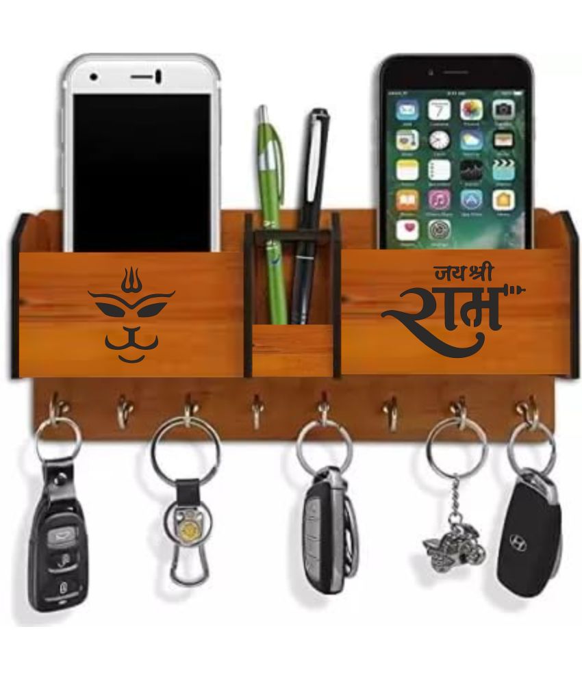     			Big Boss Enterprises with Hanuman Jai Shree Ram  2 Pocket Mobile Holder, Pen Stand Wood Key Holder Stand (8 Hooks, Brown)