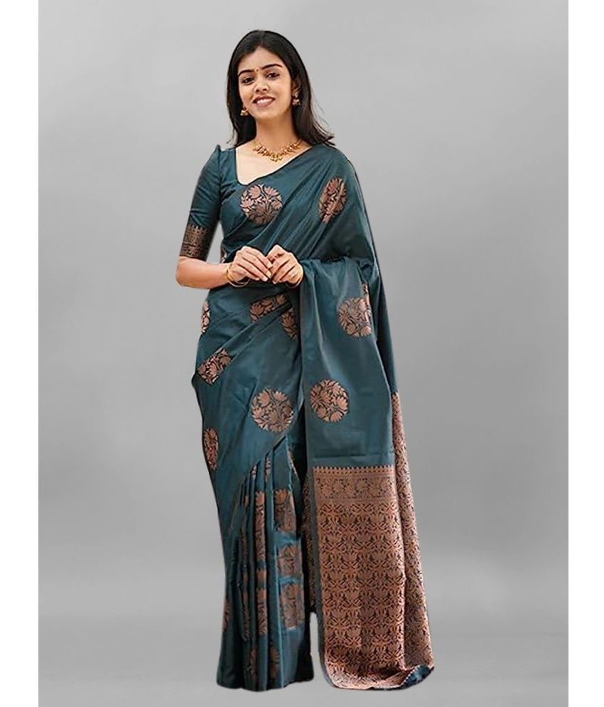     			Gazal Fashions Banarasi Silk Woven Saree With Blouse Piece - Teal ( Pack of 1 )