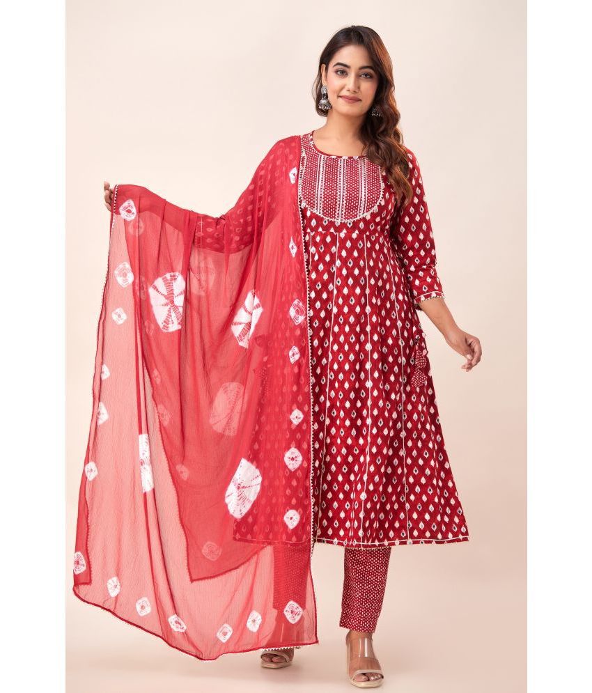     			NeshamaKurti Cotton Printed Kurti With Pants Women's Stitched Salwar Suit - Red ( Pack of 1 )