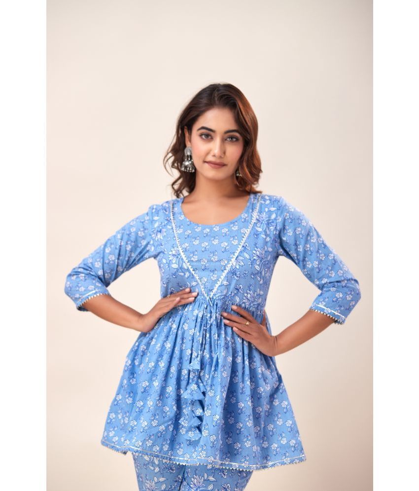     			SVARCHI Cotton Printed Anarkali Women's Kurti - Blue ( Pack of 1 )