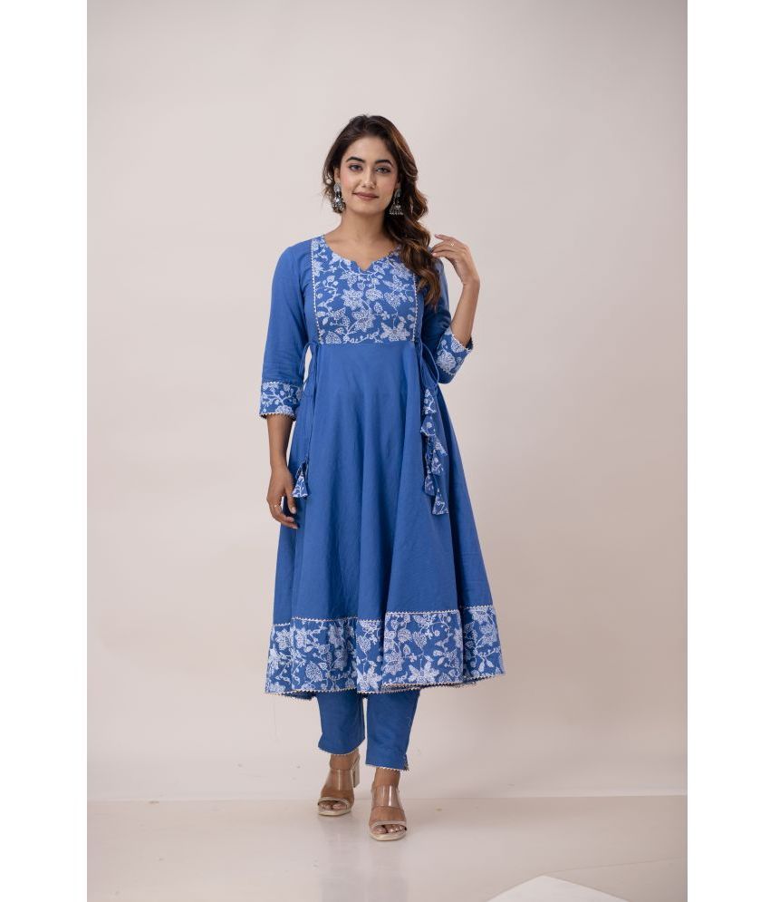     			SVARCHI Cotton Printed Anarkali Women's Kurti - Blue ( Pack of 1 )