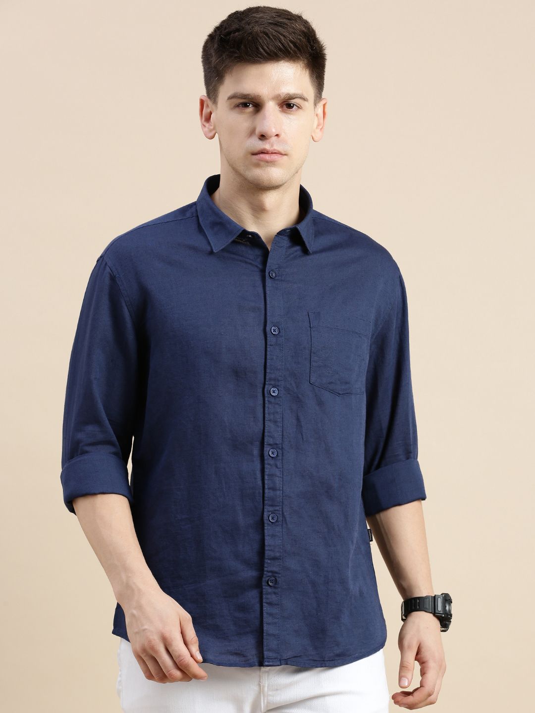     			Showoff Cotton Blend Regular Fit Solids Full Sleeves Men's Casual Shirt - Navy Blue ( Pack of 1 )