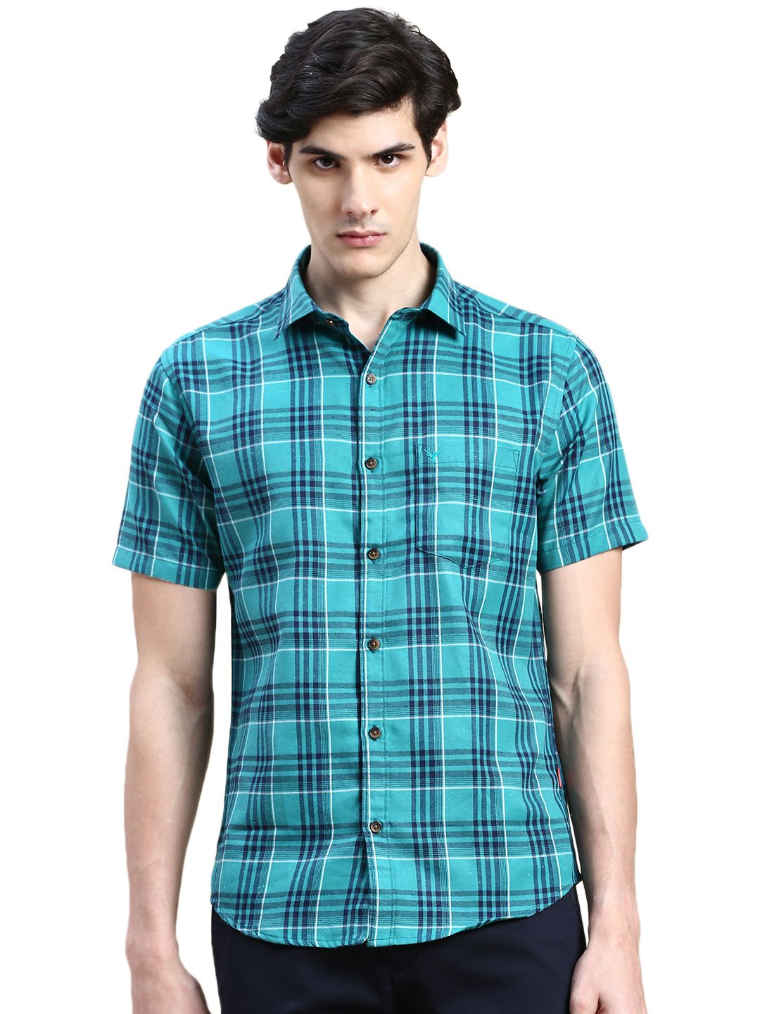     			Showoff Cotton Blend Regular Fit Checks Half Sleeves Men's Casual Shirt - Green ( Pack of 1 )
