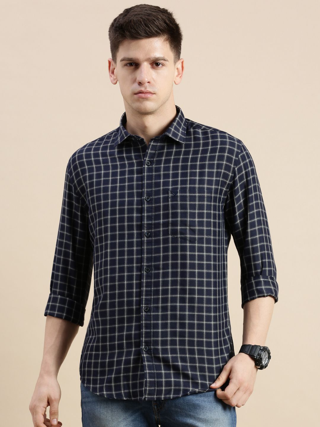     			Showoff Cotton Blend Regular Fit Checks Full Sleeves Men's Casual Shirt - Navy Blue ( Pack of 1 )