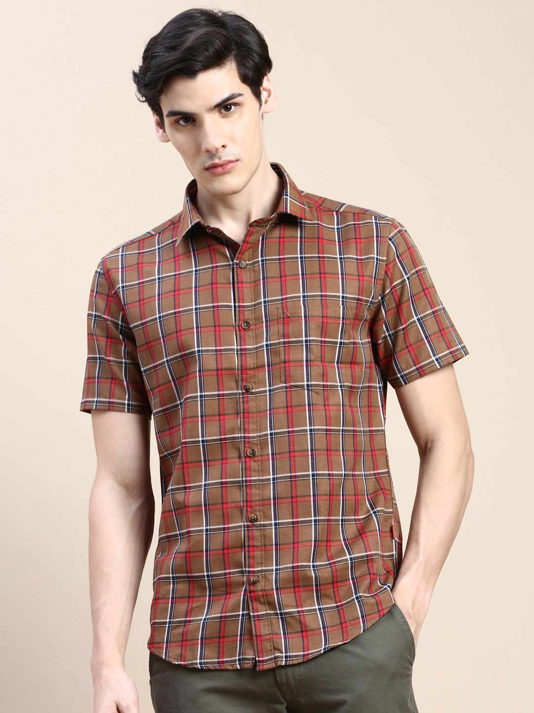     			Showoff Cotton Blend Regular Fit Checks Half Sleeves Men's Casual Shirt - Brown ( Pack of 1 )