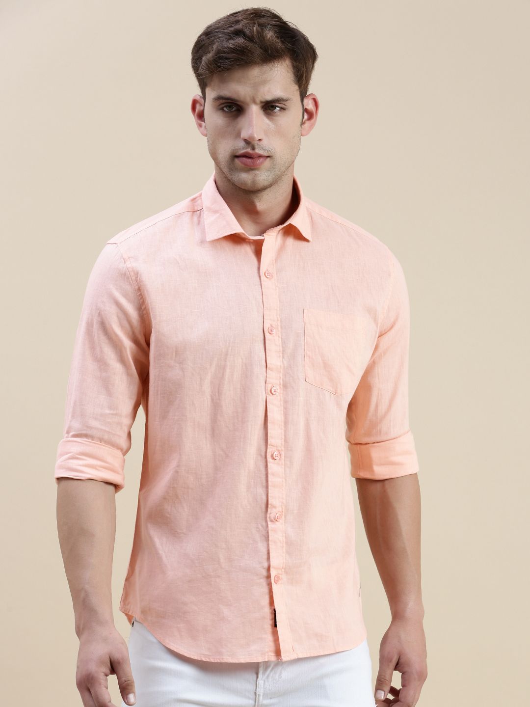     			Showoff Cotton Blend Regular Fit Solids Full Sleeves Men's Casual Shirt - Peach ( Pack of 1 )