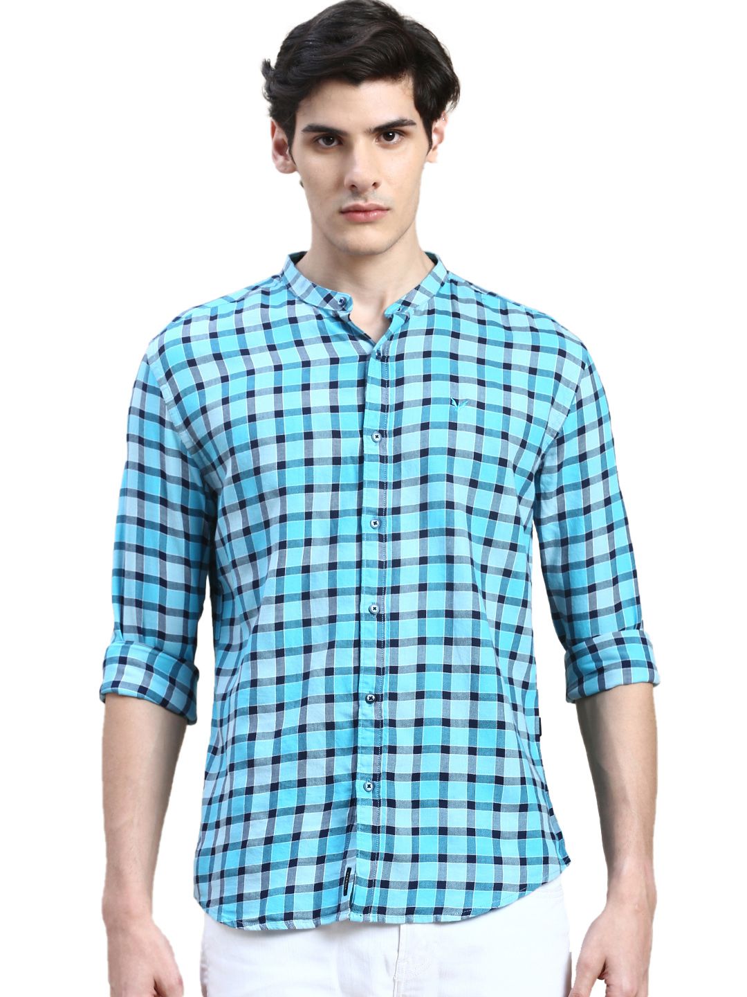     			Showoff Cotton Blend Regular Fit Checks Full Sleeves Men's Casual Shirt - Turquoise ( Pack of 1 )
