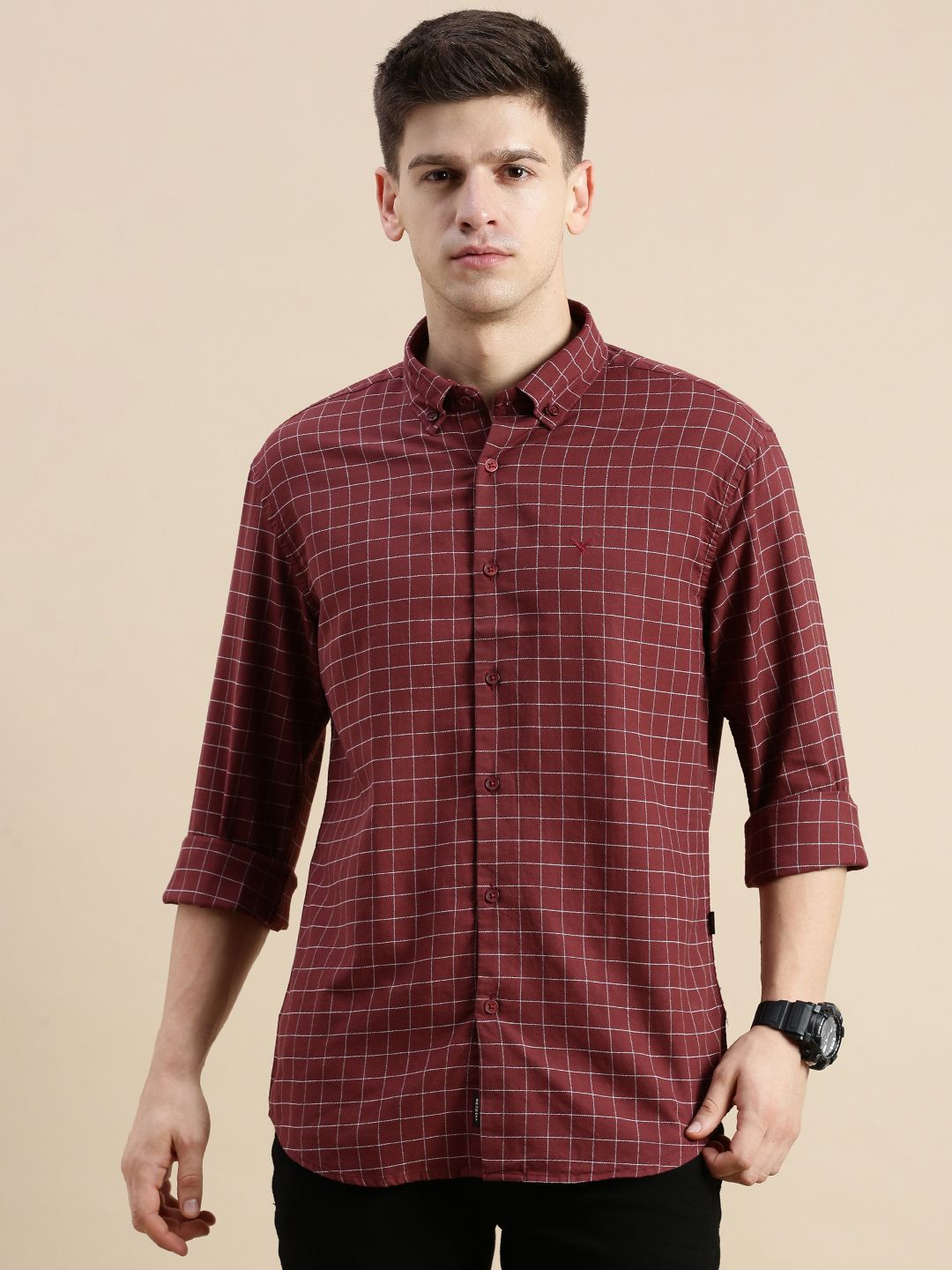     			Showoff Cotton Blend Regular Fit Checks Full Sleeves Men's Casual Shirt - Maroon ( Pack of 1 )