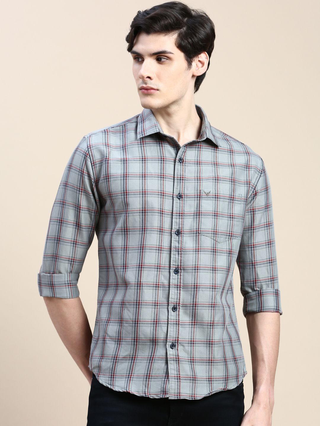     			Showoff Cotton Blend Regular Fit Checks Full Sleeves Men's Casual Shirt - Grey ( Pack of 1 )