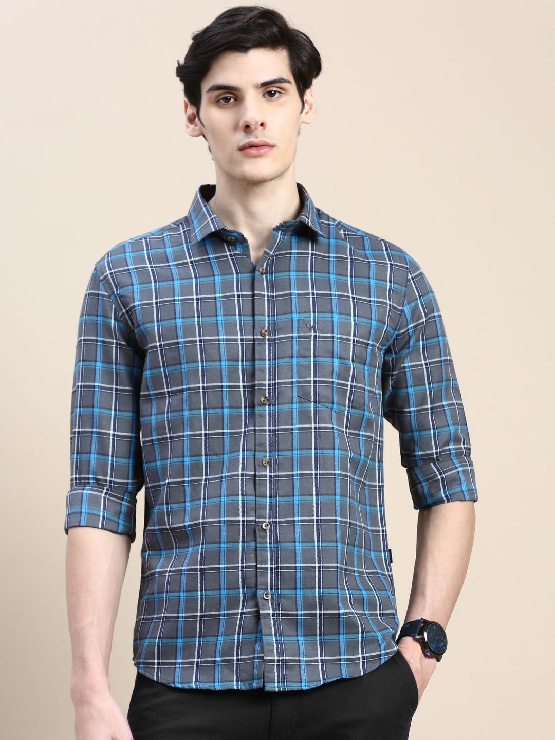     			Showoff Cotton Blend Regular Fit Checks Full Sleeves Men's Casual Shirt - Grey ( Pack of 1 )