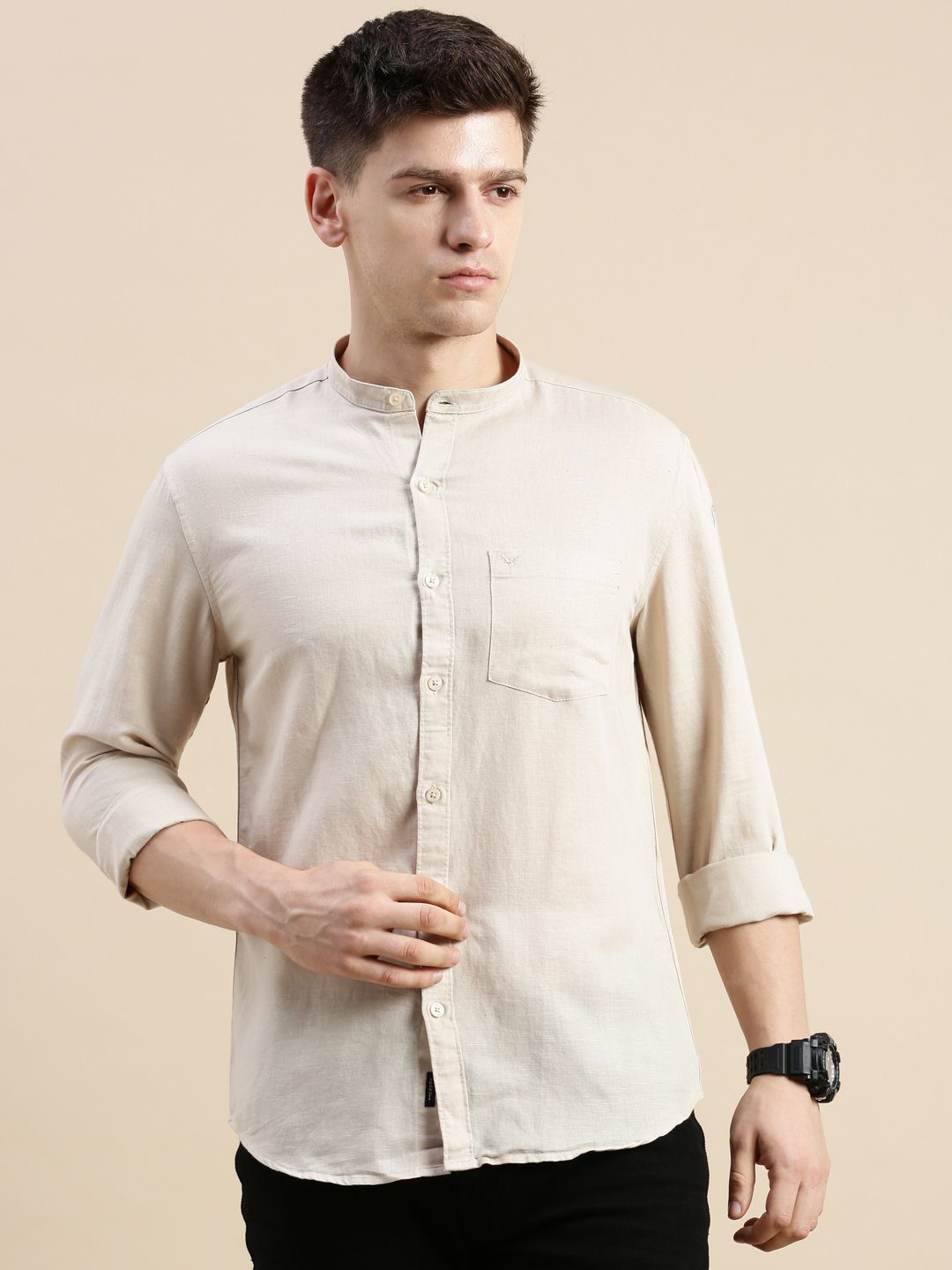     			Showoff Linen Regular Fit Solids Full Sleeves Men's Casual Shirt - Beige ( Pack of 1 )