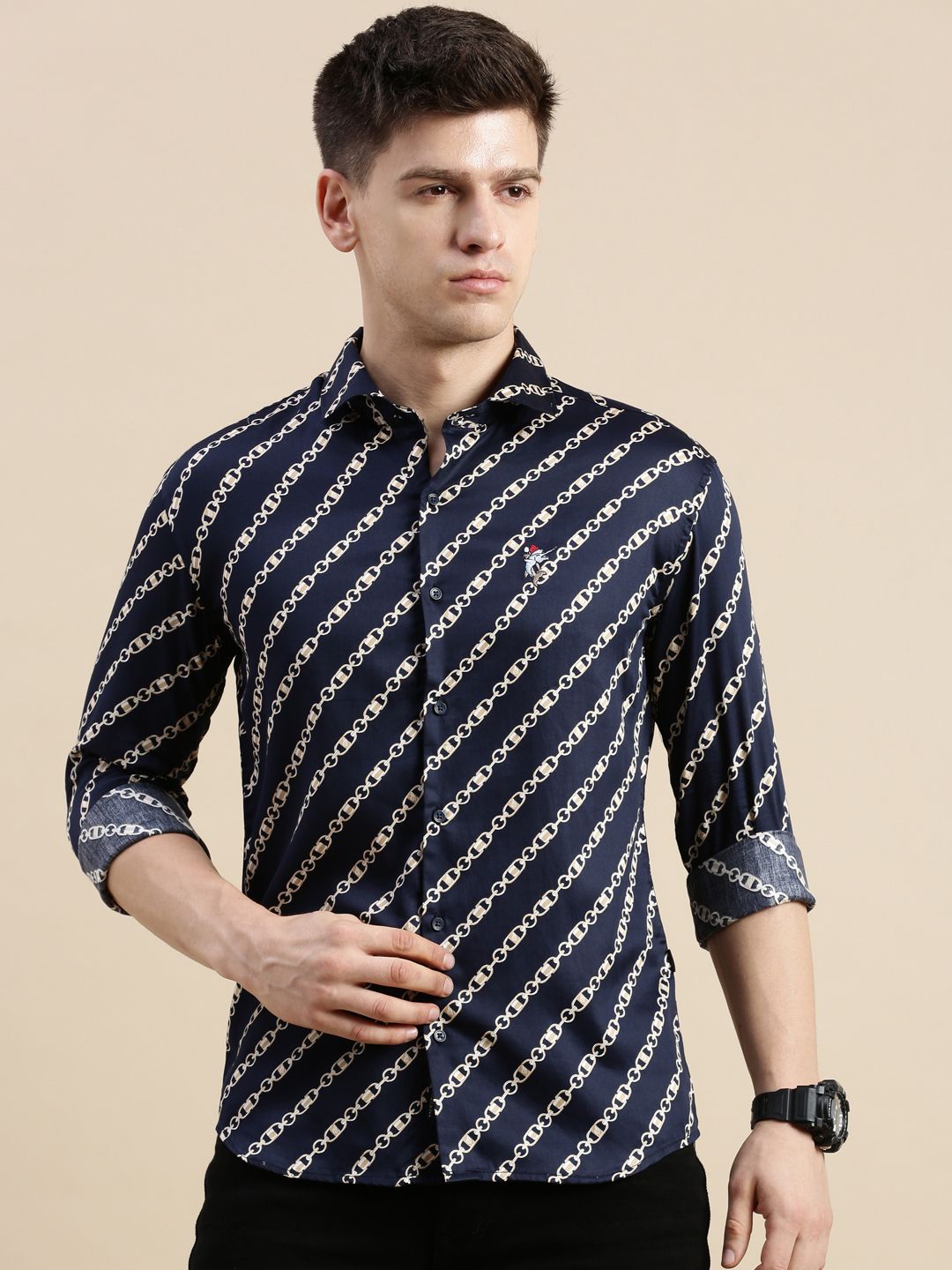     			Showoff Satin Regular Fit Printed Full Sleeves Men's Casual Shirt - Navy Blue ( Pack of 1 )