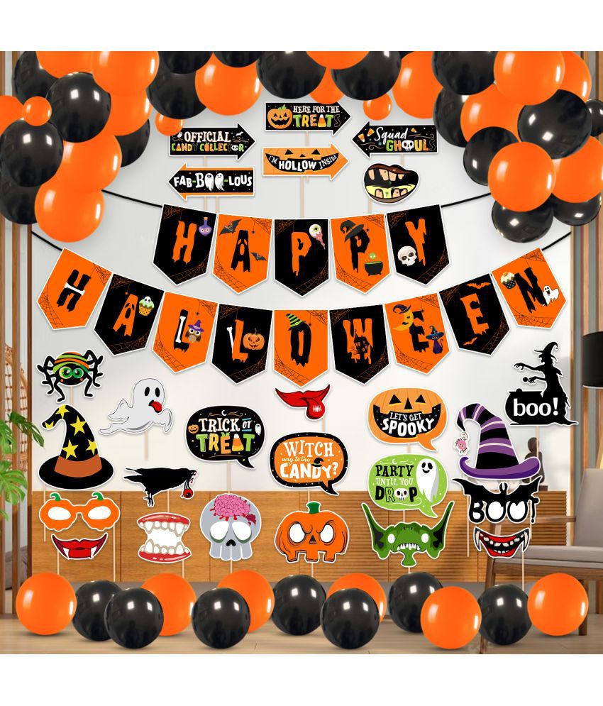     			Zyozi Halloween Theme Decorations / Halloween Party Decorations Items - Halloween Theme Banner, Black Orange Balloons Set And Photo Booth Props ( Pack Of 51)