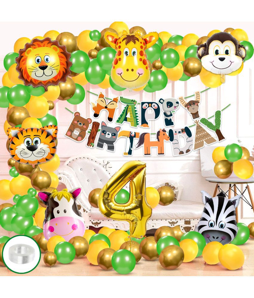     			Zyozi Jungle Safari Birthday Decoration Combo - Birthday Decoration Banner with Balloons, Foil Balloons, No 4 Foil Balloons & Arch (Pack Of 84)