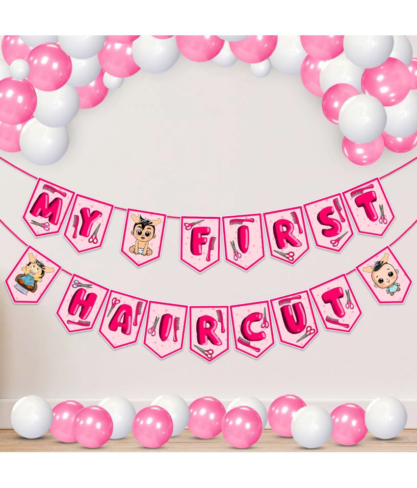    			Zyozi My First Hair Cut Ceremony / Mundan Ceremony Decorations Items for Girls - My First Hair Cut Pink Banner & Balloons (Pack Of 26)