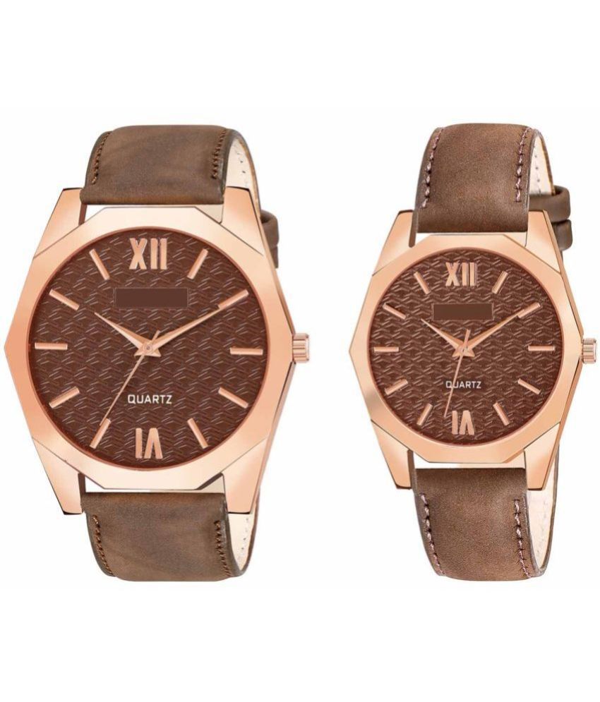     			Lorem - Brown Leather Analog Couple's Watch