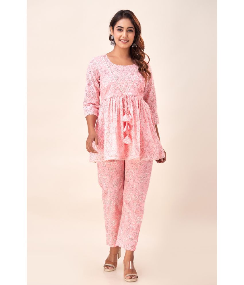    			NeshamaKurti Cotton Printed Kurti With Pants Women's Stitched Salwar Suit - Pink ( Pack of 1 )