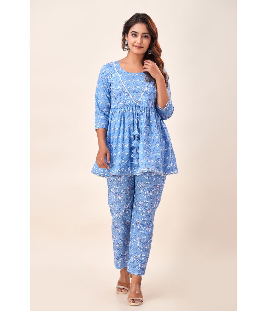     			SVARCHI Cotton Printed Kurti With Pants Women's Stitched Salwar Suit - Blue ( Pack of 1 )