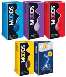 MOODS Combo pack of Allnight 12s+Ultrathin 12s+Strawberry 12s+Choco 12s and Electrify 12s Condoms Condom��(Set of 5)