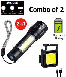 Rechargeable COB Flashlight Torch + Metal LED Keychain COMBO
