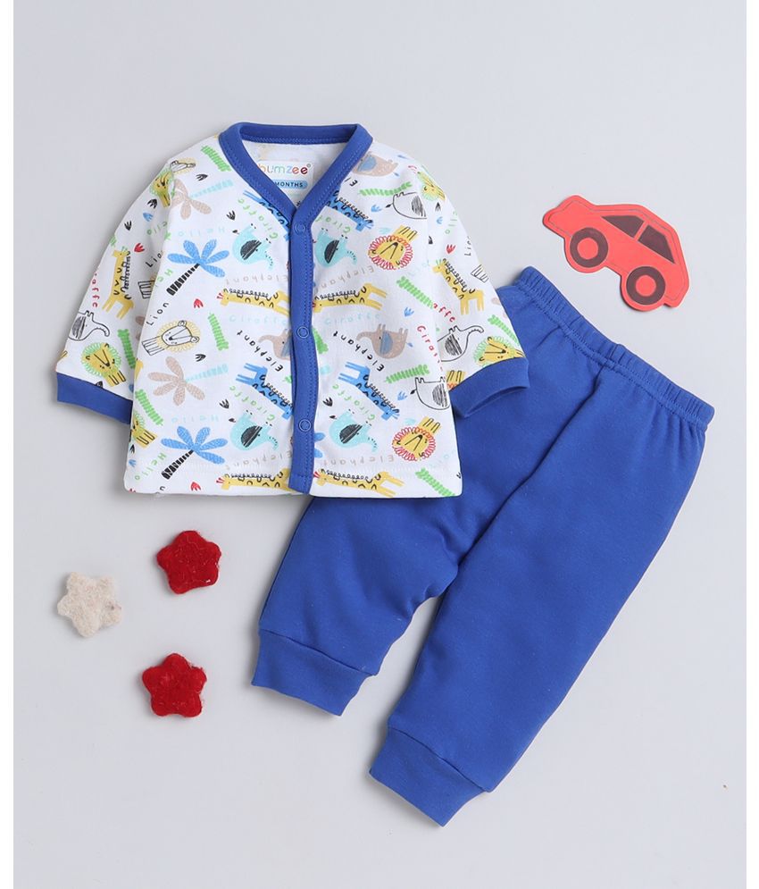     			BUMZEE - White & Blue Cotton Baby Boy T-Shirt & Pyjama Set ( Pack of 1 )