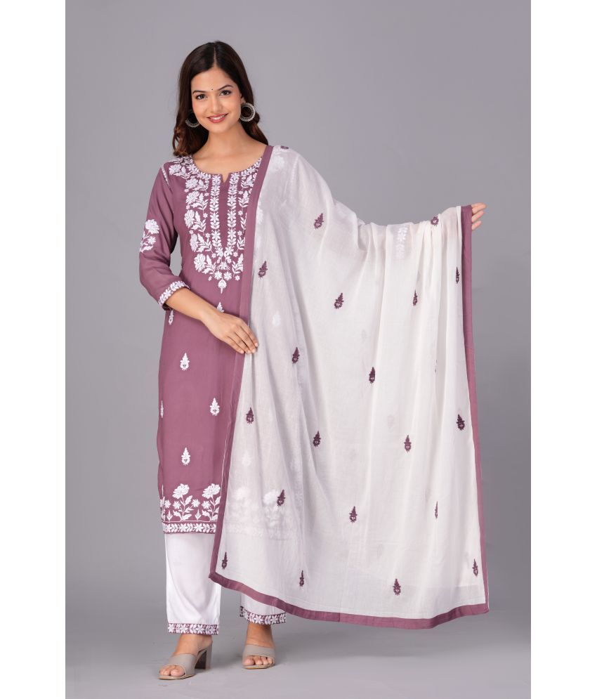     			Doriya Cotton Blend Embroidered Kurti With Pants Women's Stitched Salwar Suit - Purple ( Pack of 1 )