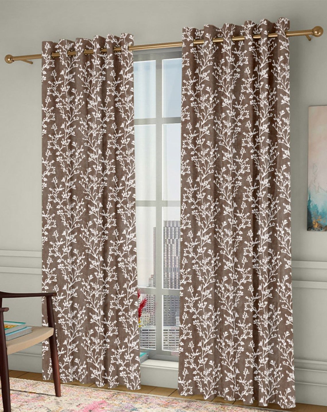     			Homefab India Floral Room Darkening Eyelet Curtain 5 ft ( Pack of 2 ) - Brown