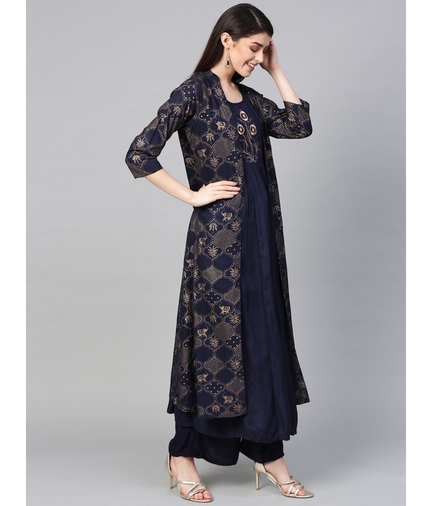     			Ishin Rayon Embroidered Ethnic Top With Pants Women's Stitched Salwar Suit - Navy Blue ( Pack of 1 )