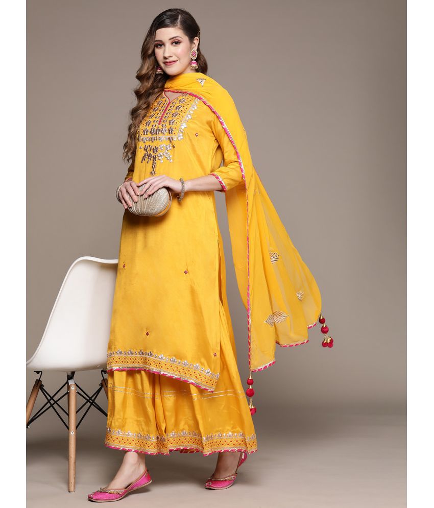     			Ishin Silk Blend Embroidered Ethnic Top With Pants Women's Stitched Salwar Suit - Yellow ( Pack of 1 )
