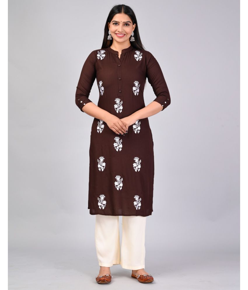     			MAUKA Rayon Embroidered Kurti With Palazzo Women's Stitched Salwar Suit - Brown ( Pack of 1 )