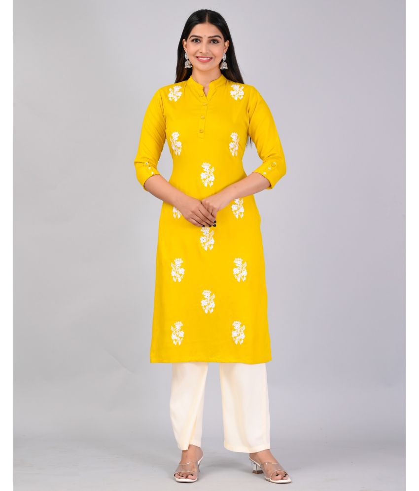     			MAUKA Rayon Embroidered Kurti With Palazzo Women's Stitched Salwar Suit - Yellow ( Pack of 1 )