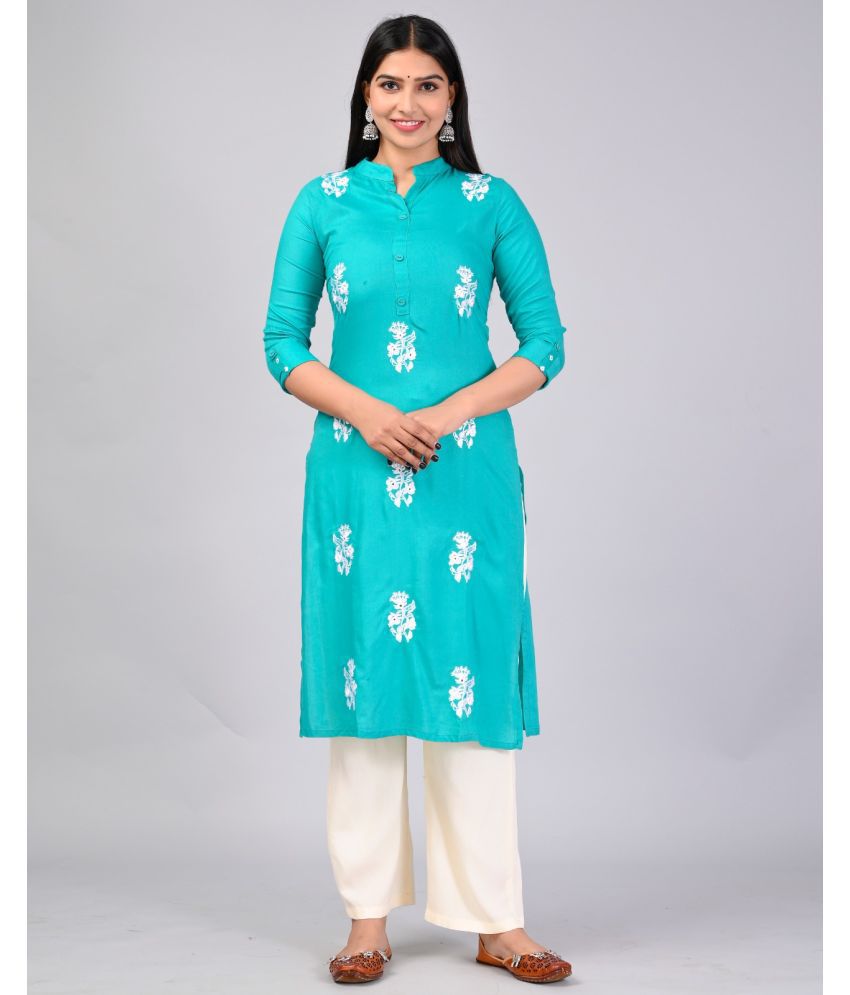     			MAUKA Rayon Embroidered Kurti With Palazzo Women's Stitched Salwar Suit - Turquoise ( Pack of 1 )