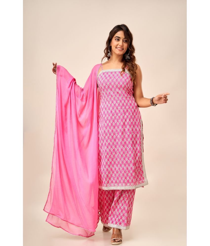     			FabbibaPrints Cotton Printed Kurti With Palazzo Women's Stitched Salwar Suit - Pink ( Pack of 1 )