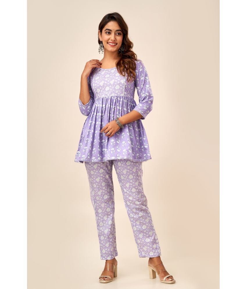     			FabbibaPrints Cotton Printed Kurti With Pants Women's Stitched Salwar Suit - Purple ( Pack of 1 )
