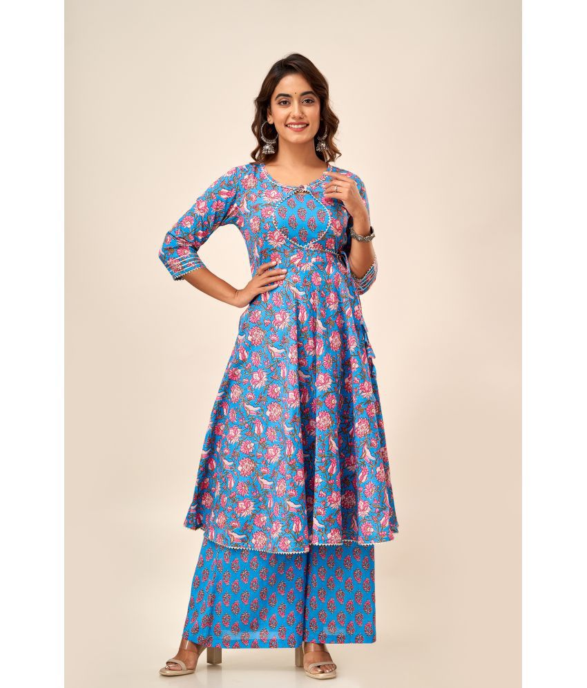     			FabbibaPrints Cotton Printed Kurti With Palazzo Women's Stitched Salwar Suit - Blue ( Pack of 1 )
