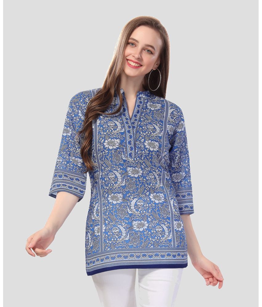     			Meher Impex Cotton Blend Printed A-line Women's Kurti - Blue ( Pack of 1 )