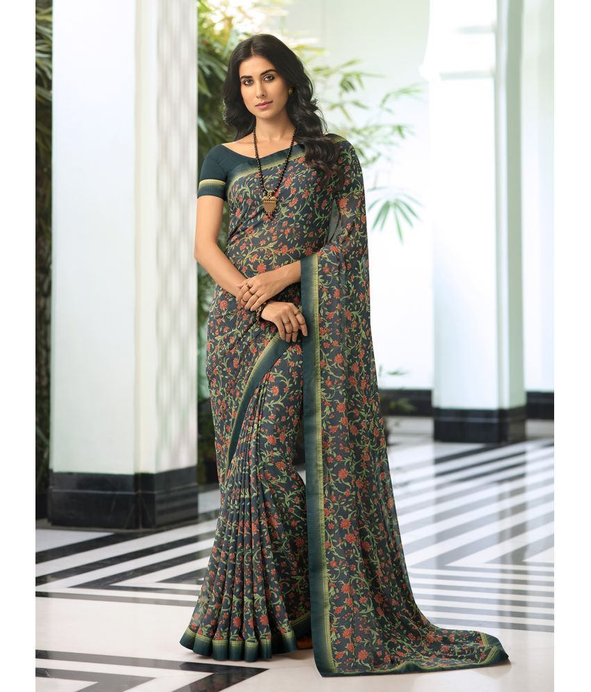     			BLEESBURY Georgette Floral Printed Saree With Lace Border & Blouse Piece -Sea Green