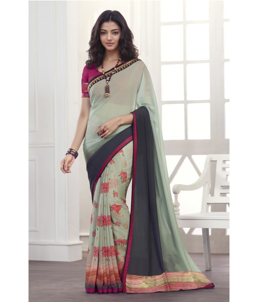     			Rangita Half & Half Printed Georgette Saree With Lace Border & Blouse Piece - Mint Green