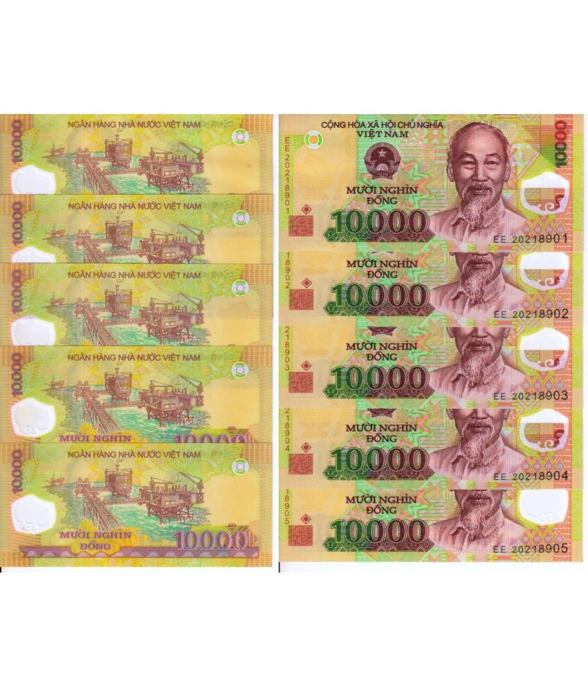    			Rare 10000 Dong Vietnam GEM UNC Polymer 5 Serial Notes
