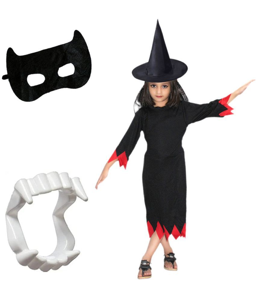     			Kaku Fancy Dresses Halloween Scary Witch Costume With Hat, Teeth & Face Face For Kids