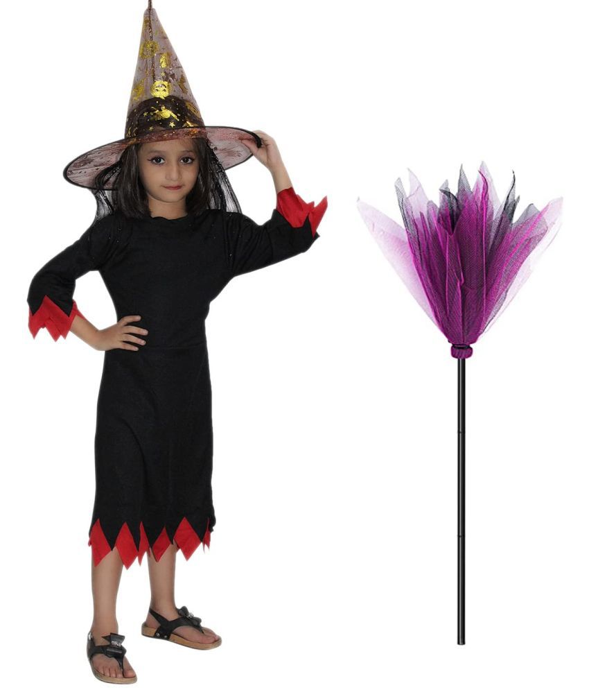     			Kaku Fancy Dresses Halloween Witch Dress With Hat & Broomstick For Girls | Scary Halloween Dress For Boys & Girls | Wizard Horror Dress for Kids | Carnival Cosplay Costume Party Supplies - 5-6 Years