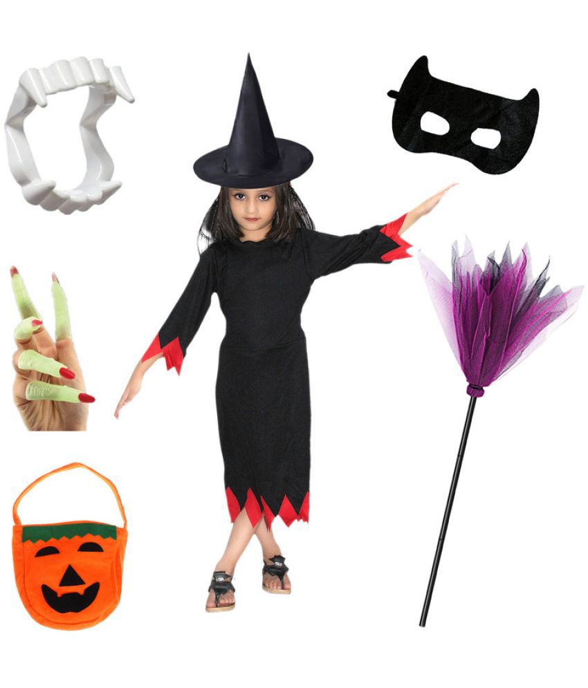     			Kaku Fancy Dresses Halloween Witch Costume With Hat, Teeth, Face, Nails, Pumpkin Bag & Witch Broom For Kids