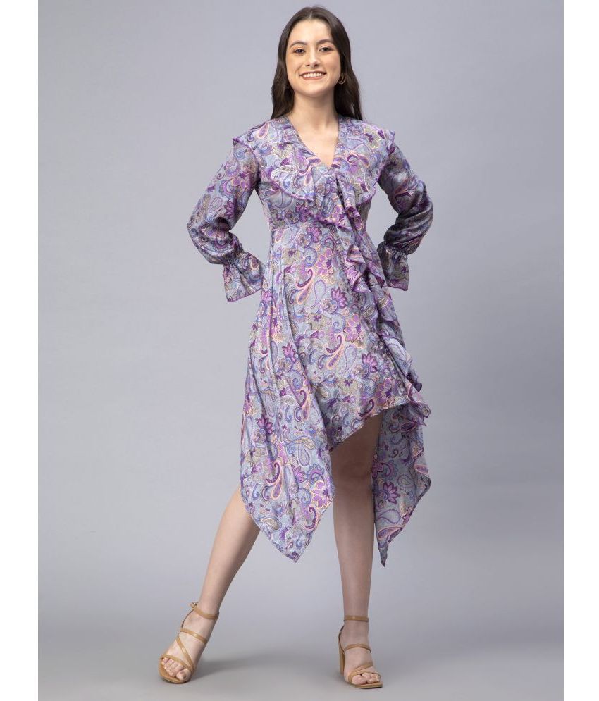     			DRAPE AND DAZZLE Polyester Printed Midi Women's Asymmetric Dress - Purple ( Pack of 1 )