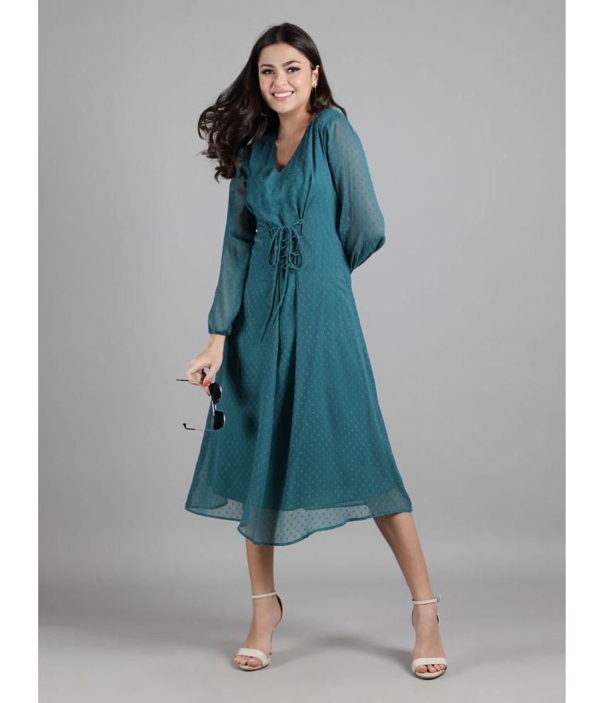     			DRAPE AND DAZZLE Rayon Self Design Midi Women's Empire Dress - Sea Green ( Pack of 1 )