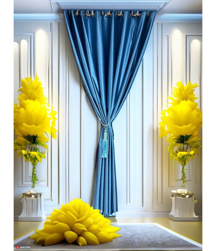     			Finesse Decor Solid Semi-Transparent Eyelet Curtain 7 ft ( Pack of 2 ) - Blue
