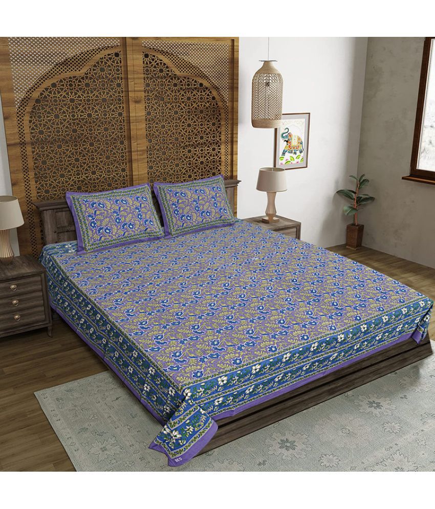    			FrionKandy Living Cotton Floral Double Bedsheet with 2 Pillow Covers - Blue