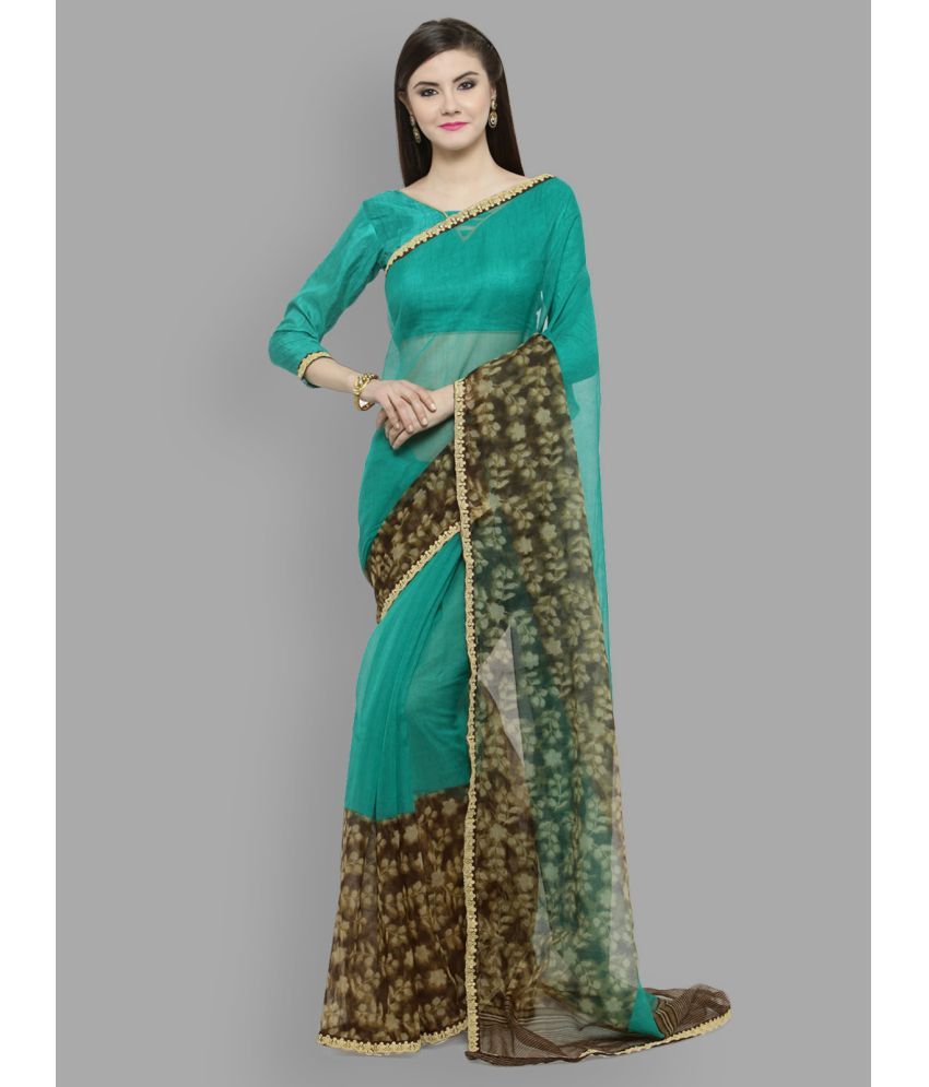     			Hritika Net Printed Saree With Blouse Piece - Green ( Pack of 1 )